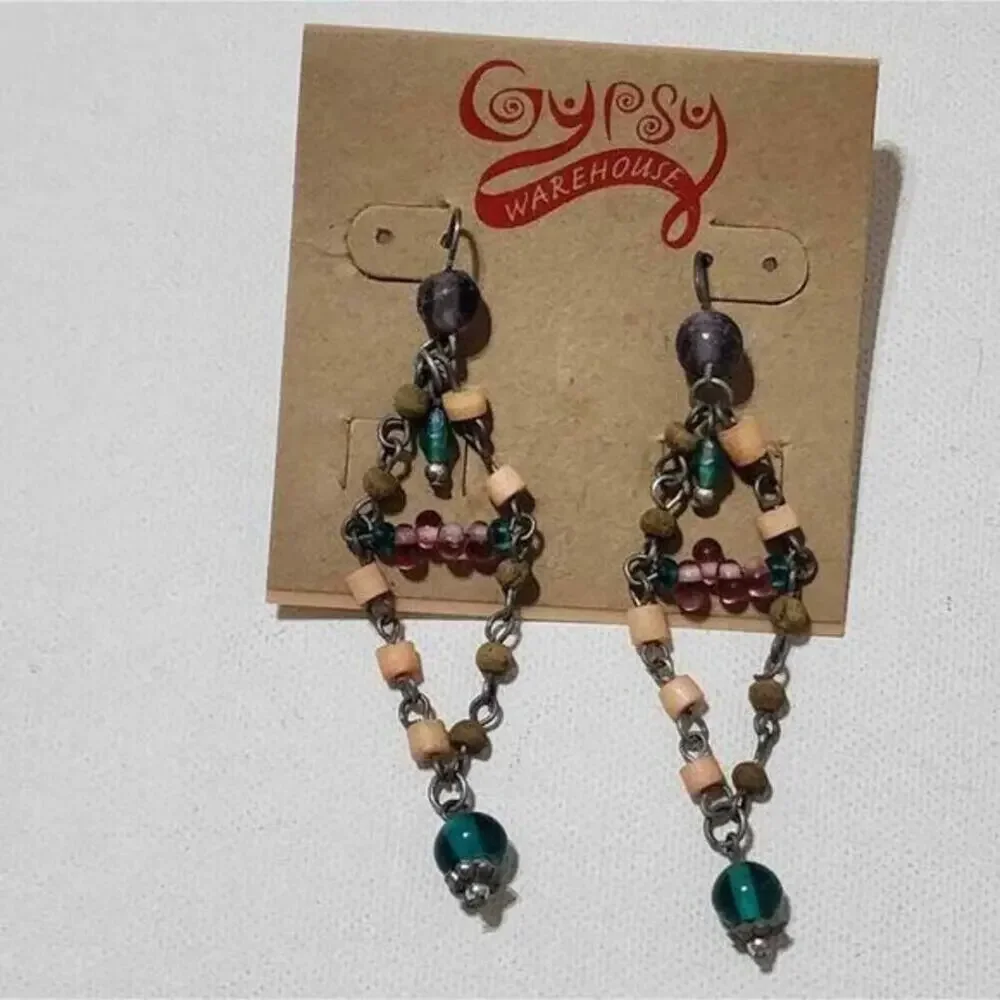Treska Gypsy Beaded Chandelier Earrings Teal Pink Boho Drop Geometric NWT‎